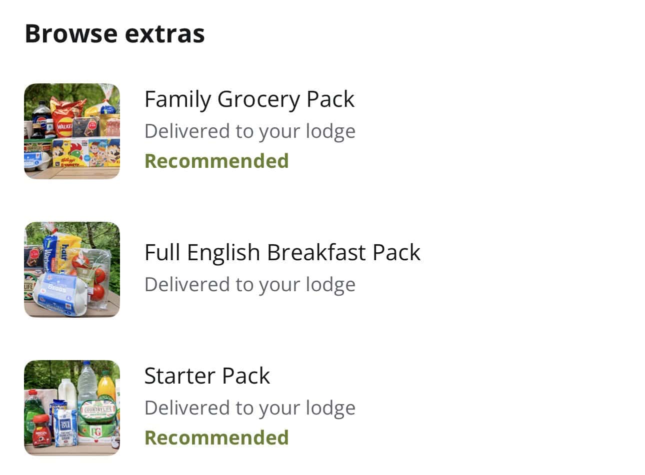 Screenshot of the Center Parcs booking app showing the three welcome pack options: Starter Pack, Family Grocery Pack, and Full English Breakfast Pack