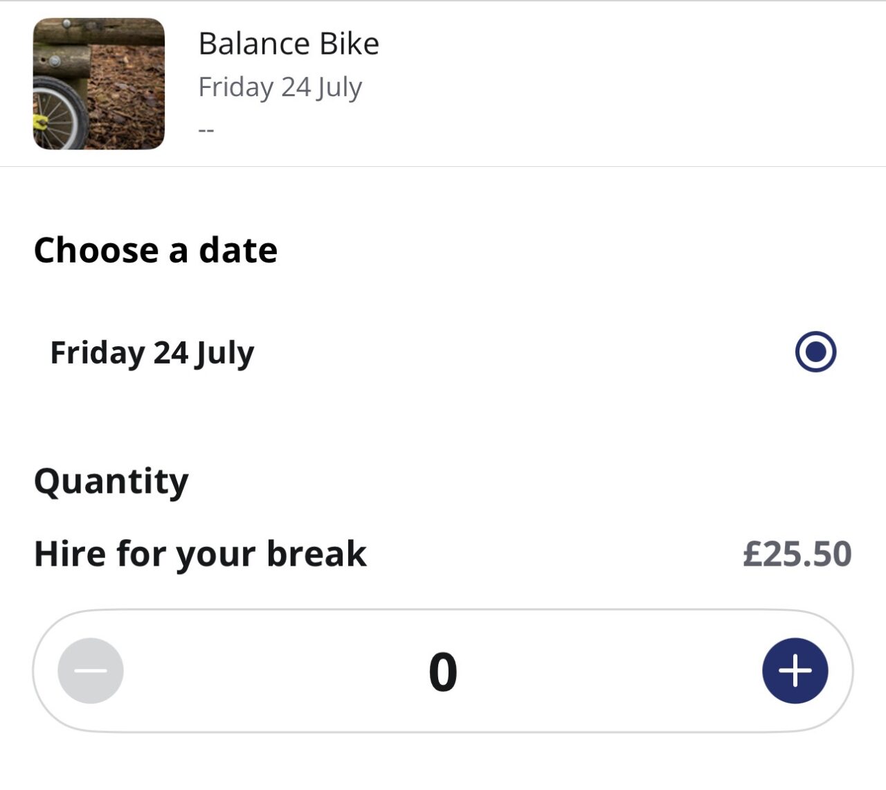 Center Parcs booking page showing balance bike hire priced at £25.50 for a break starting Friday 24 July