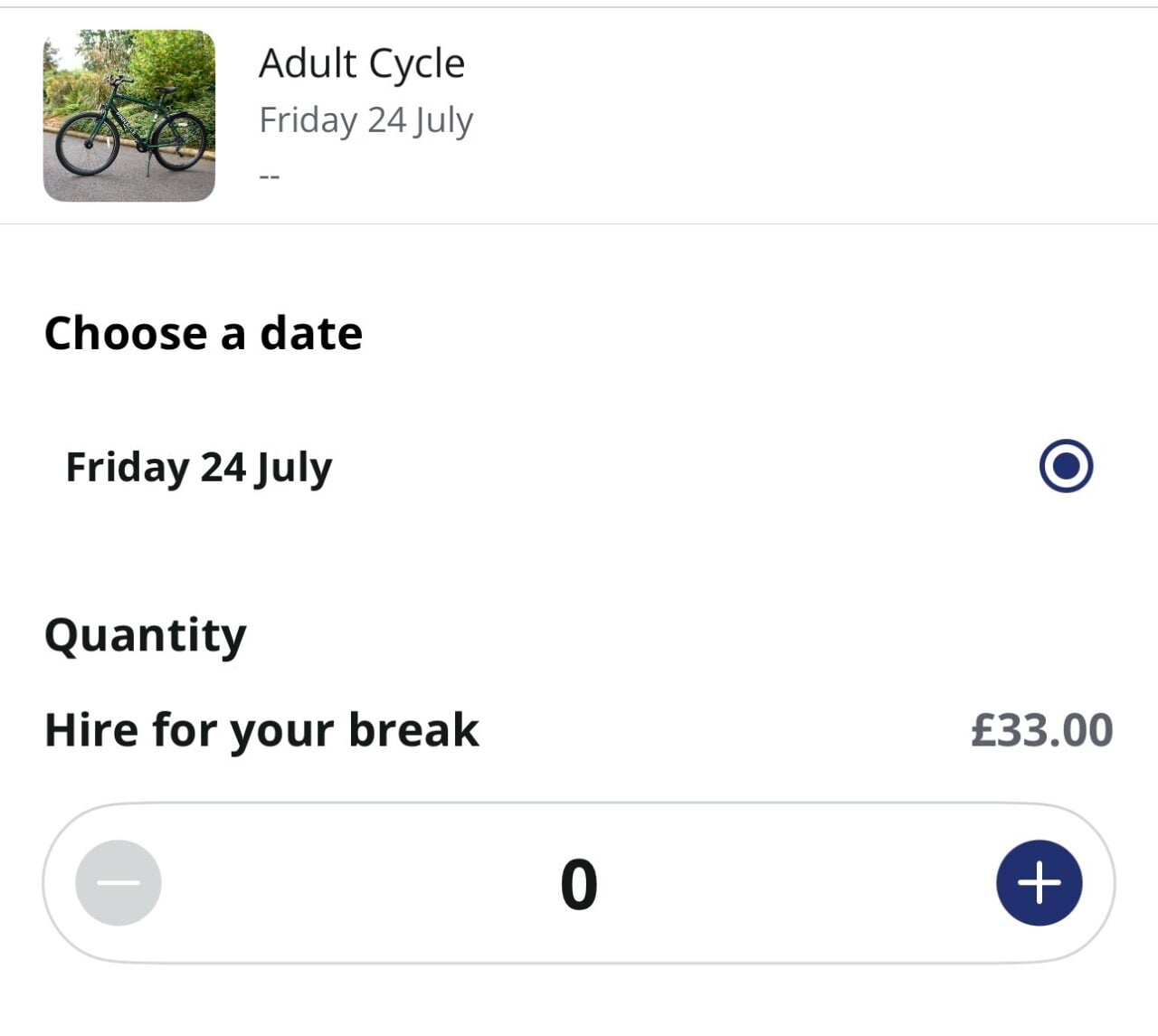 Center Parcs booking page showing adult cycle hire priced at £33 for a break starting Friday 24 July
