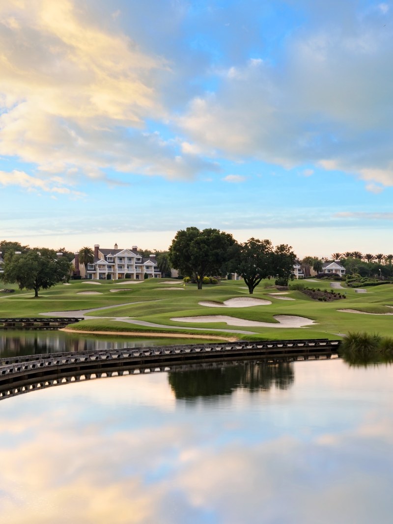 Reunion Resort golf course bridge at sunset in Kissimmee, Florida