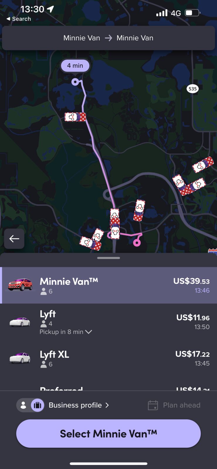 Lyft app screenshot showing the Minnie Van vehicle option inside Walt Disney World
