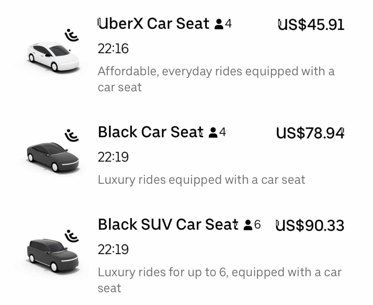 Screenshot of different Uber options