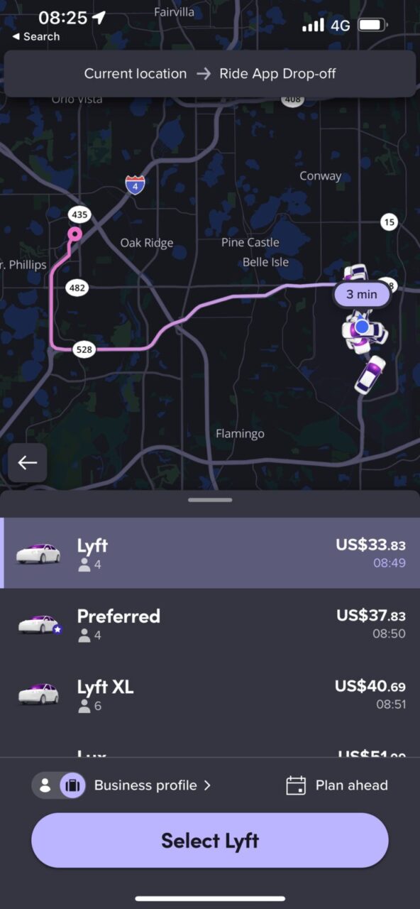 Lyft app screenshot showing the cost of a ride from Orlando International Airport to Universal CityWalk