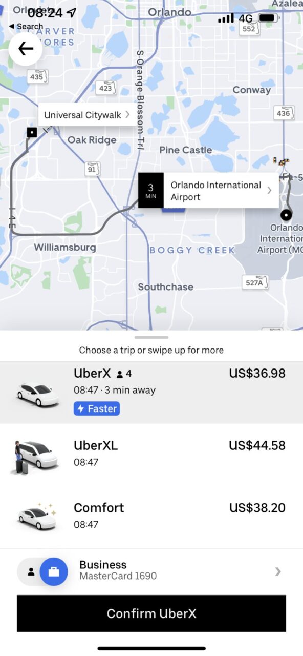 Uber app screenshot showing the cost of a ride from Orlando International Airport to Universal CityWalk