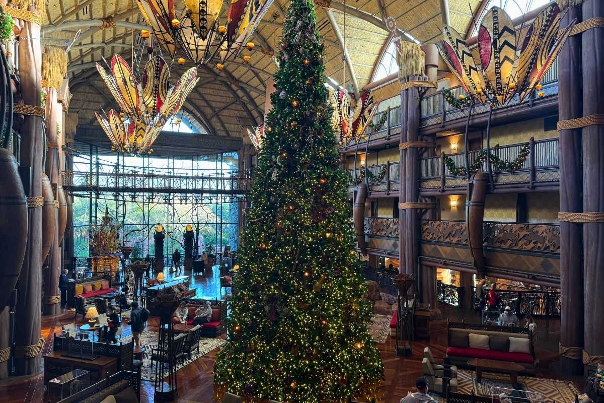 Christmas decorations in the lobby at Disney's Animal Kingdom Lodge