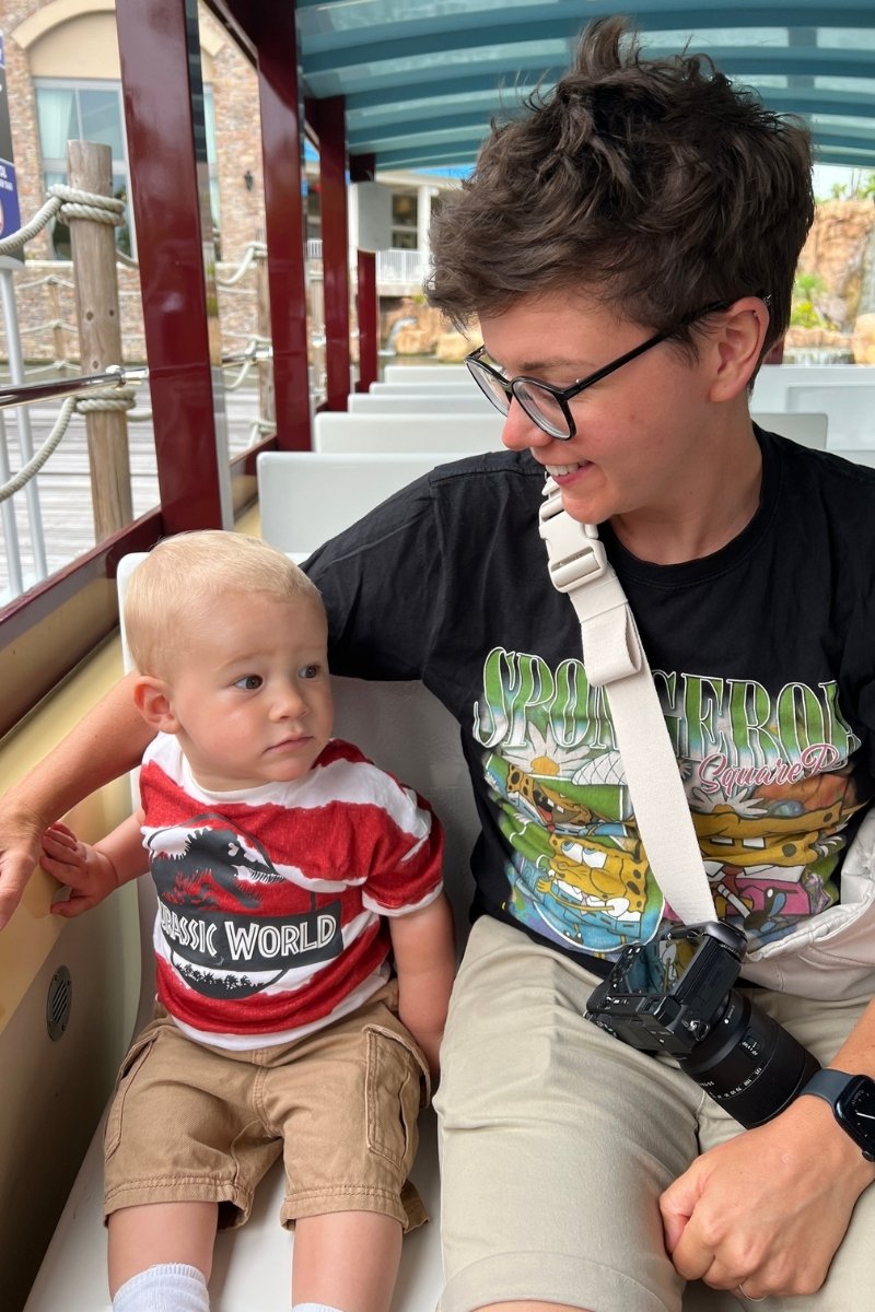 Cora and Oliver on the water taxi from Loews Sapphire Falls Resort to Universal Orlando