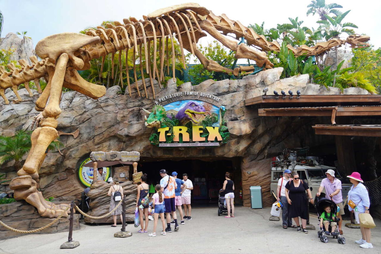 T-Rex Café entrance with prehistoric theming at Disney Springs