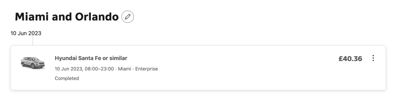 Screenshot of our 2023 Enterprise booking receipt for a Hyundai Santa Fe rental from Miami to Orlando, Β£40.36 total.