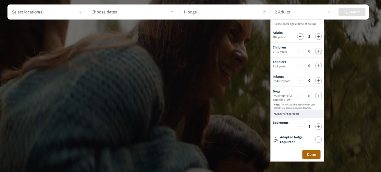 Screenshot of the Center Parcs booking page showing the option to bring dogs