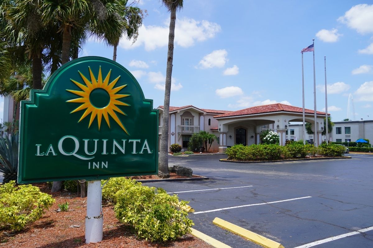 Exterior of La Quinta Inn by Wyndham hotel on International Drive in Orlando, Florida