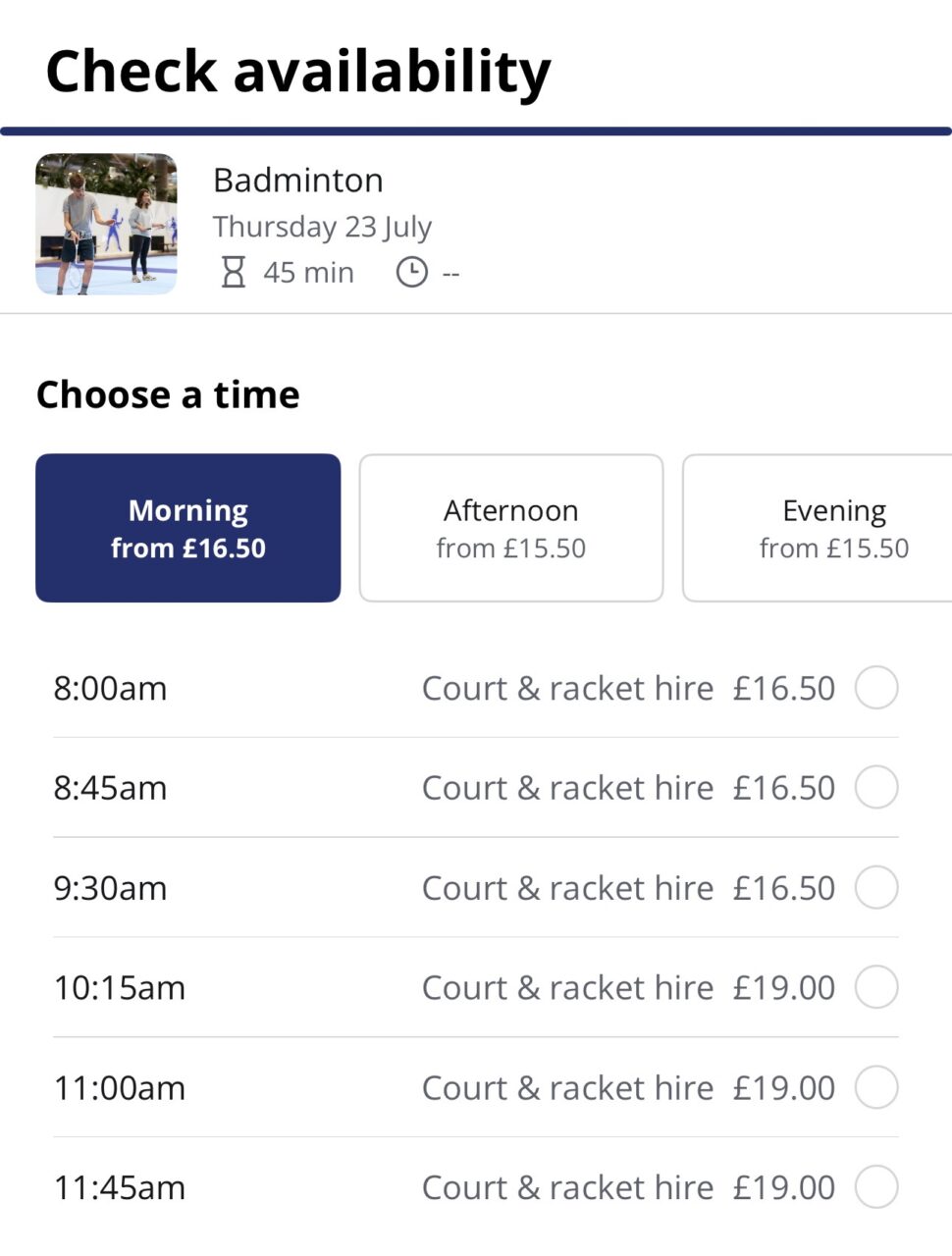 Screenshot of the Center Parcs booking app showing Badminton pricing changing across the day at Whinfell Forest, from £19 during peak hours to £15.15 from 5pm