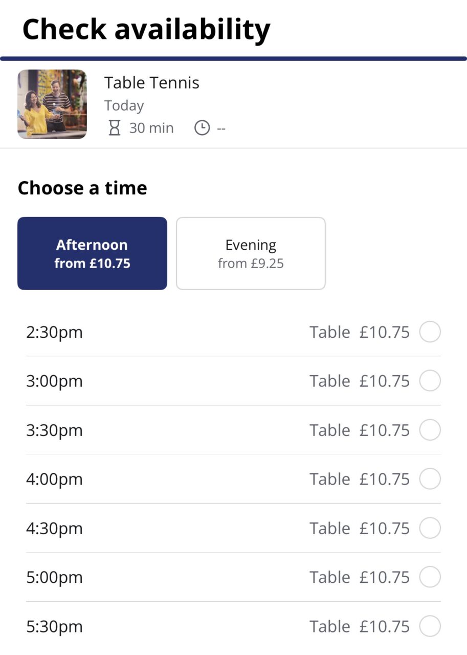 Screenshot of the Center Parcs booking app showing Table Tennis at £10.75 per 30-minute session before 6pm dropping to £9.25 from 6pm at Whinfell Forest
