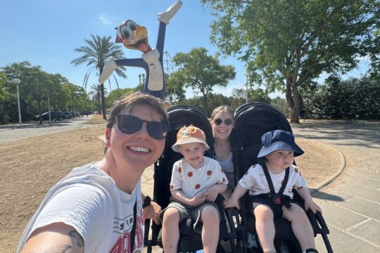 Helen, Cora, Oliver and Patrick at the entrance to PortAventura theme park in Salou, Spain